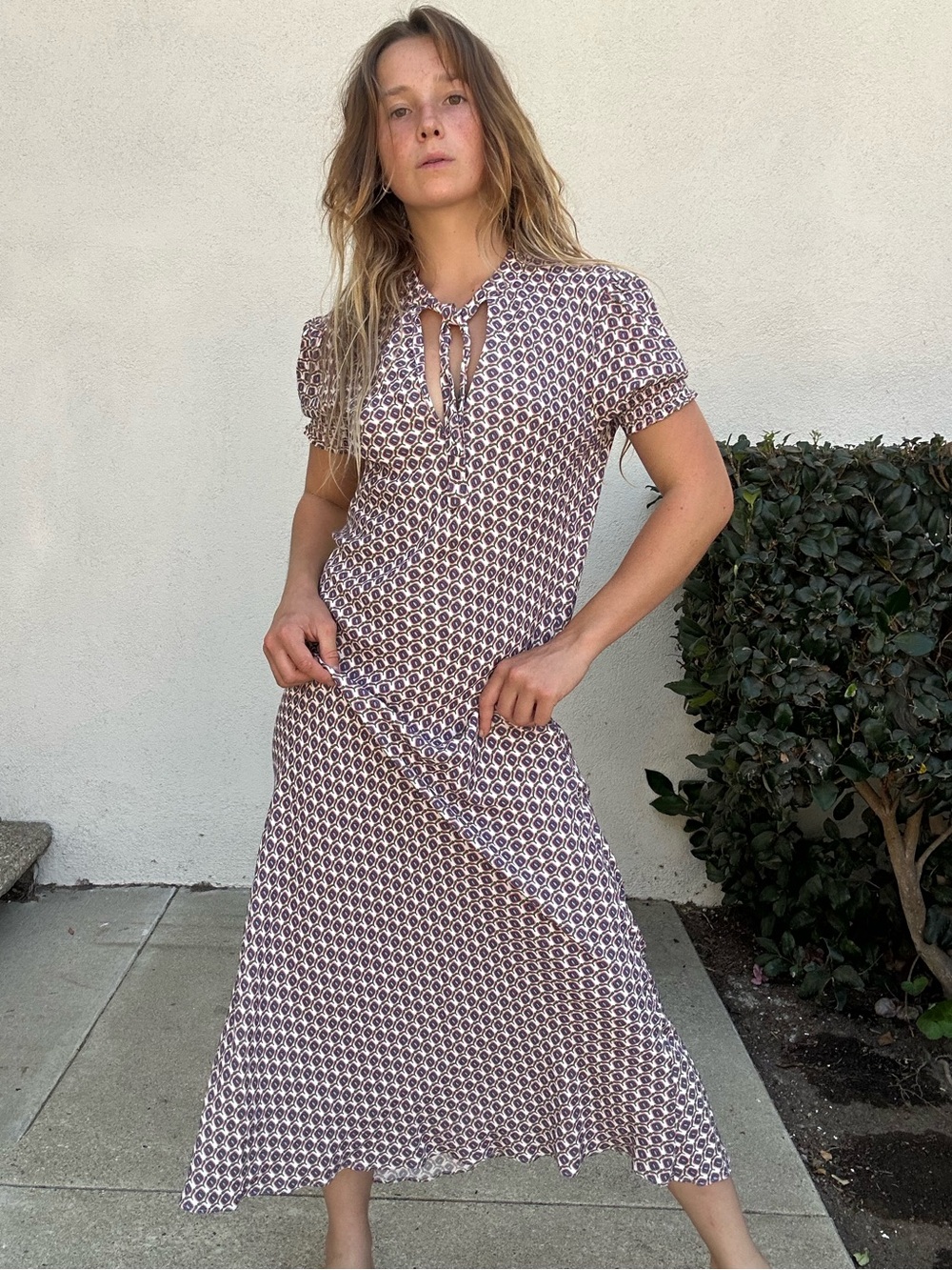 Ines De L la Fressangne Tie-Neck Maxi Dress in Brown and Cream Geometric Print